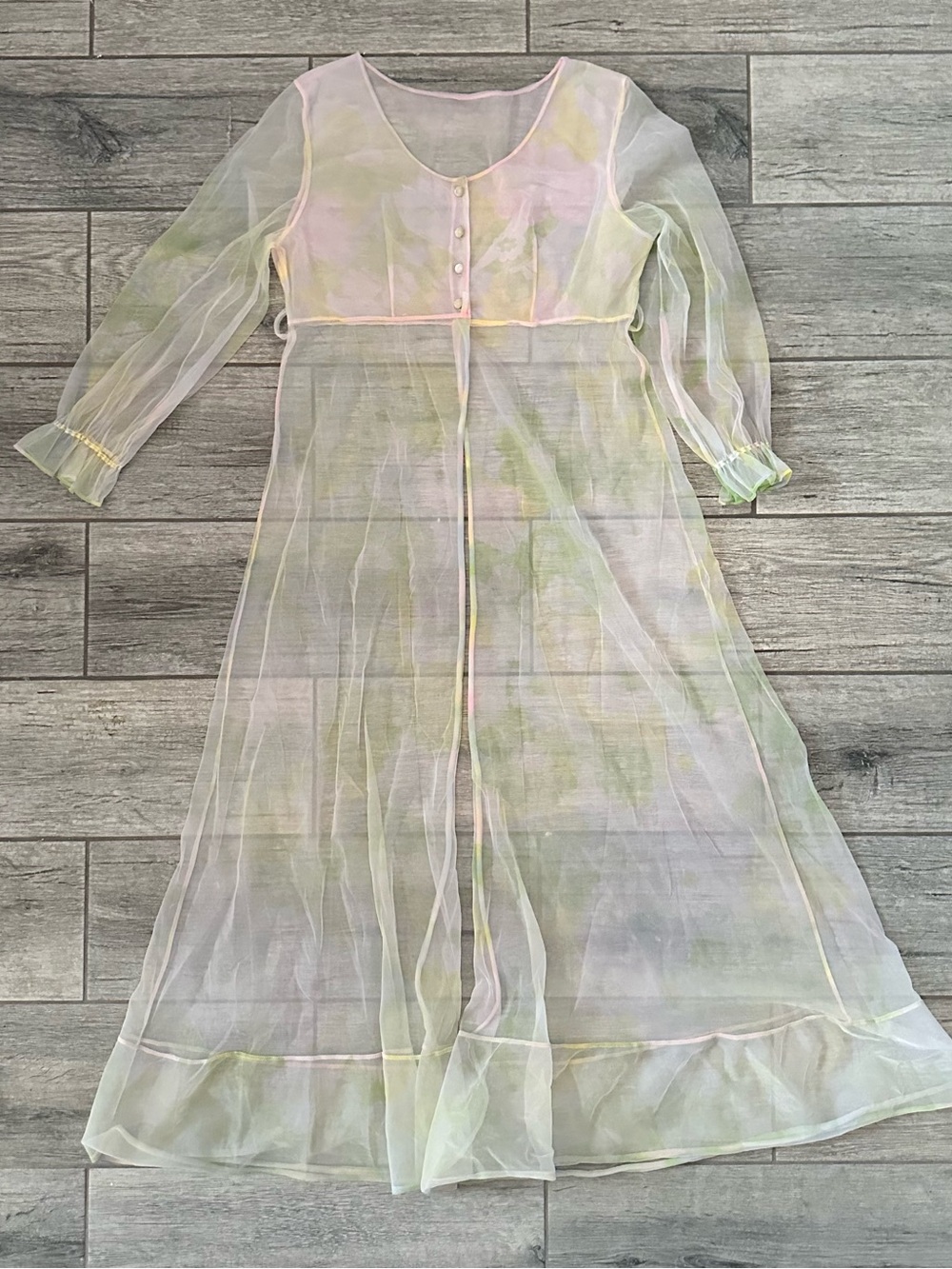 Vtg 1970s Sheer Pastel Floral Peignoir Robe – Split Front Maxi Duster